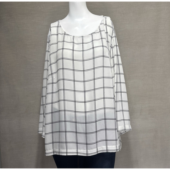 Adrianna Papell Women's White Black Sheer Window Pane Long Sleeve Blouse Large - Picture 1 of 7